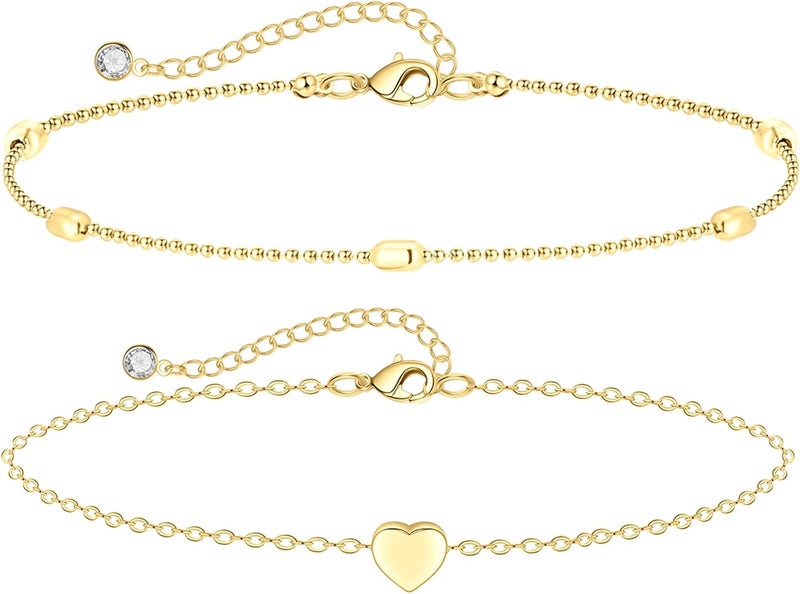 MIDEEO Gold/Silver Ankle Bracelets for Women,14K Gold Anklets for Women Waterproof Cuban Link Heart Beads Herringbone Rhinestone Anklets Set Layered Anklet Bracelets for Women Gold Jewelry Gift - Image 1